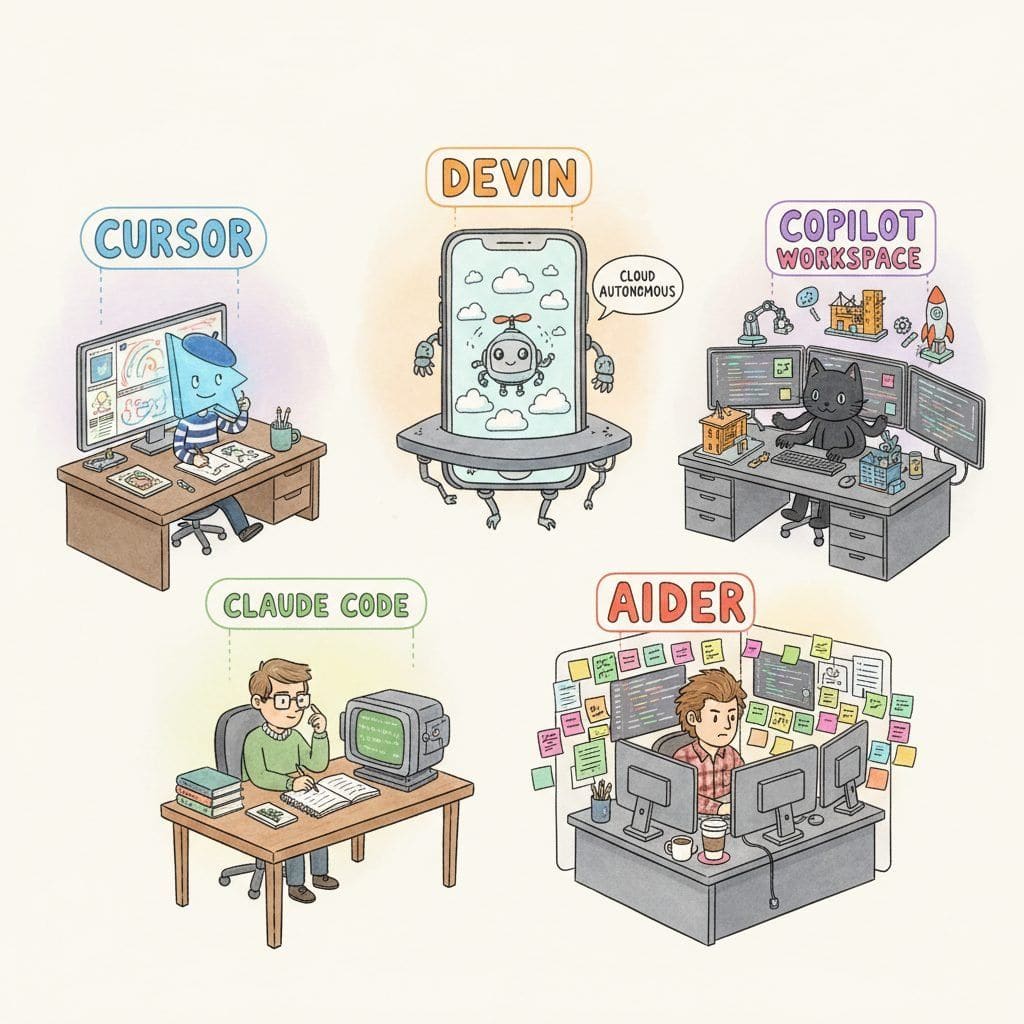 A cartoon open-plan office with five desks, each labelled with a different agentic coding tool: Cursor with a designer in an IDE, Claude Code with a person at a plain terminal beside a tidy notebook, Devin as a phone holding a tiny cloud-autonomous robot, Aider with a focused engineer covered in sticky notes, and Copilot Workspace as a GitHub-octocat staged worker.