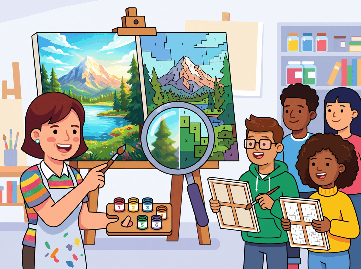 An artist mixing a limited palette of base colors to approximate any color, representing product quantization's codebook approach