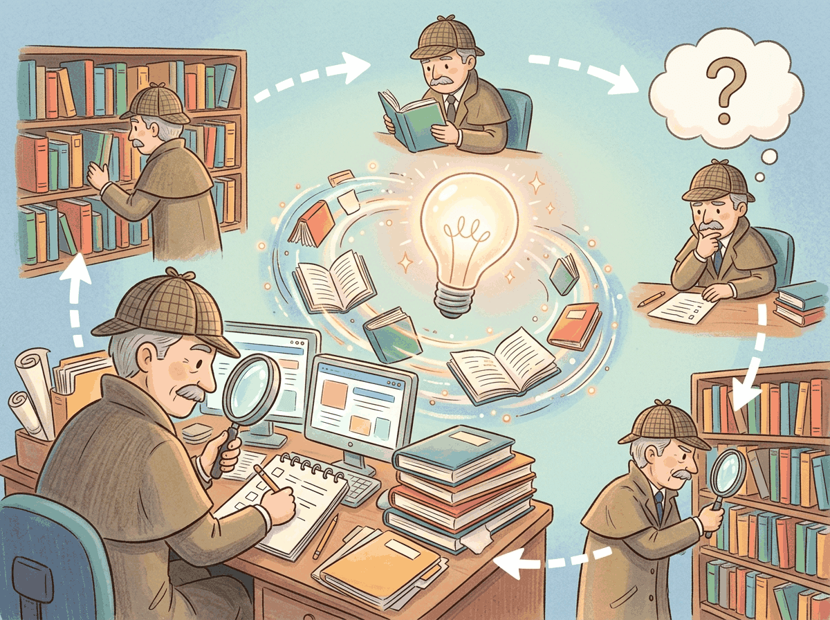 A detective at a research desk surrounded by books and documents, following a looping process of searching, reading, thinking, and refining queries toward a glowing lightbulb