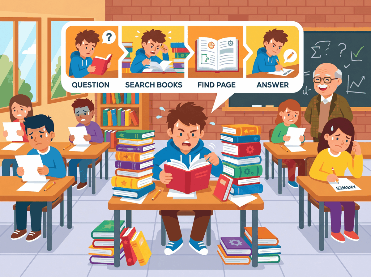 A friendly cartoon student sitting with an open textbook, working through a problem with a helpful tutor companion who points to the page rather than supplying the answer