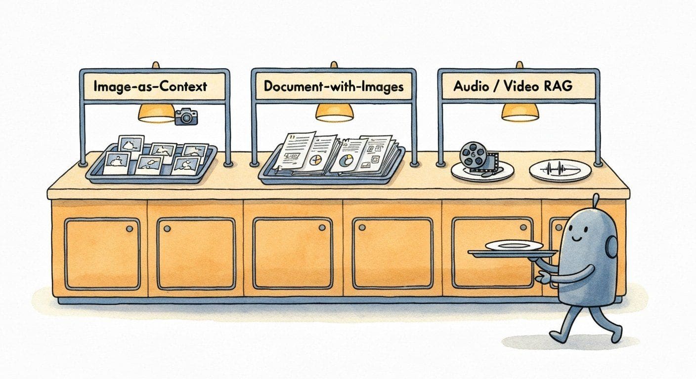 A cartoon buffet with three labelled stations: Image-as-Context with a small camera, Document-with-Images with a stack of PDFs, and Audio-Video RAG with a tiny film reel. A friendly VLM diner robot walks past sampling one plate from each, holding all three on a single tray