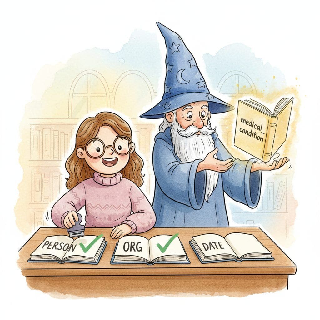 A cartoon librarian in glasses stamping open books labeled PERSON, ORG, and DATE with green checkmarks, while beside her a wizard in a starred blue hat presents a glowing book labeled medical_condition that he has conjured from thin air