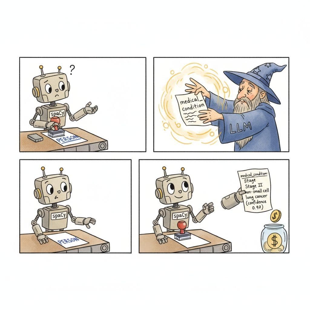 A four-panel cartoon strip: a small clockwork robot labeled spaCy stamps PERSON on a passing page, then shrugs at a page labeled medical_condition; a large tired wizard labeled LLM lifts that same page and casts a glow, then hands back a confident result reading medical_condition: Stage II non-small cell lung cancer (confidence 0.97) as a $0.02 coin drops into a tip jar.