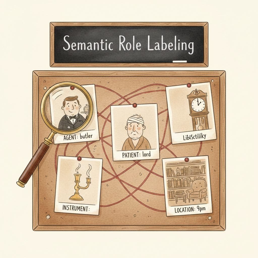 A cozy sepia detective's pinboard with a magnifying glass and red string connecting labeled photo cards reading AGENT butler, PATIENT lord, INSTRUMENT candlestick, LOCATION library, and TEMPORAL 9pm, beneath a chalkboard that reads Semantic Role Labeling.