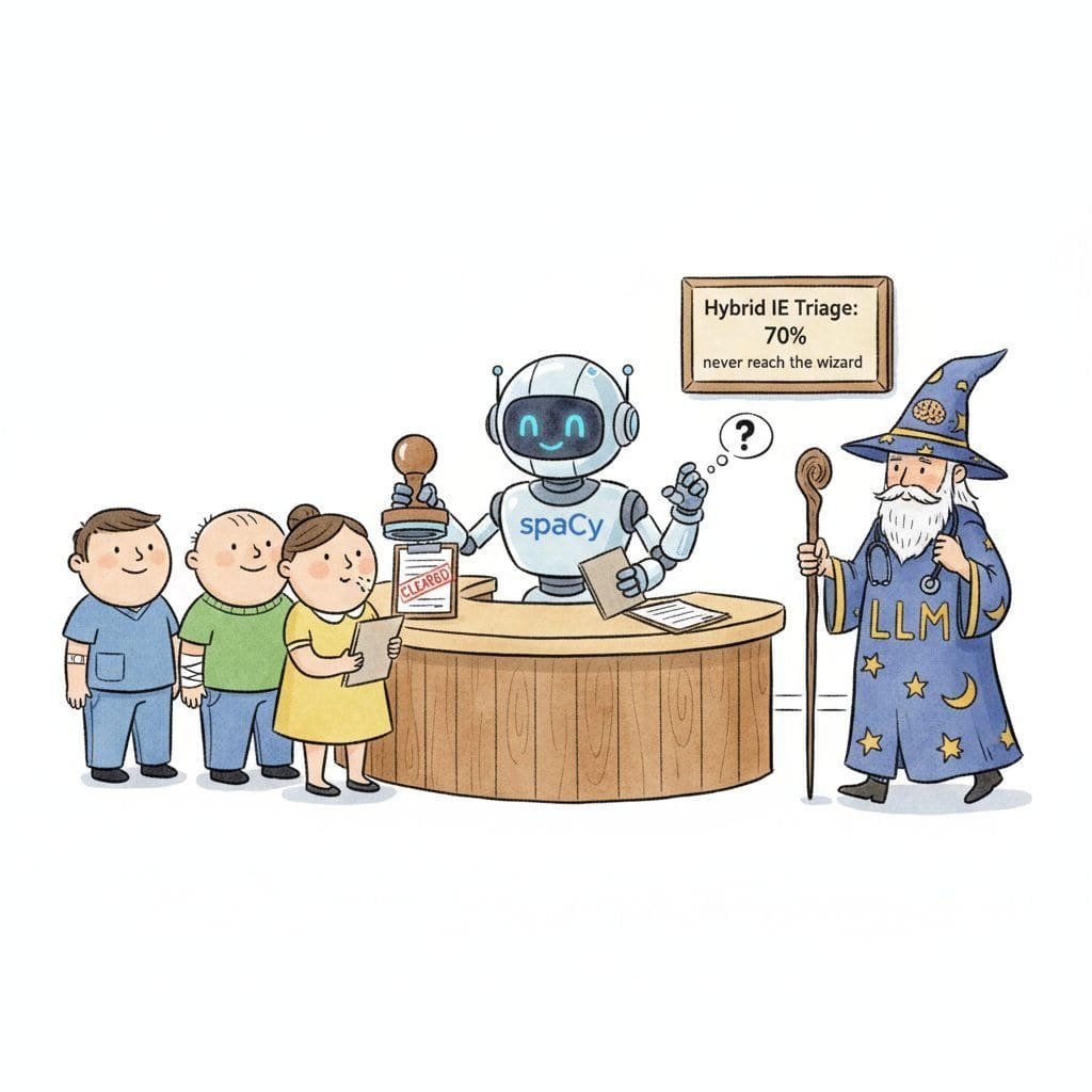 A cheerful cartoon hospital ER reception desk where a receptionist robot labeled spaCy stamps a clipboard CLEARED for a queue of routine patients, while one patient with a question-mark thought bubble walks toward a tall wise wizard-doctor labeled LLM who is putting on a stethoscope, under a wall sign reading Hybrid IE Triage: 70% never reach the wizard.