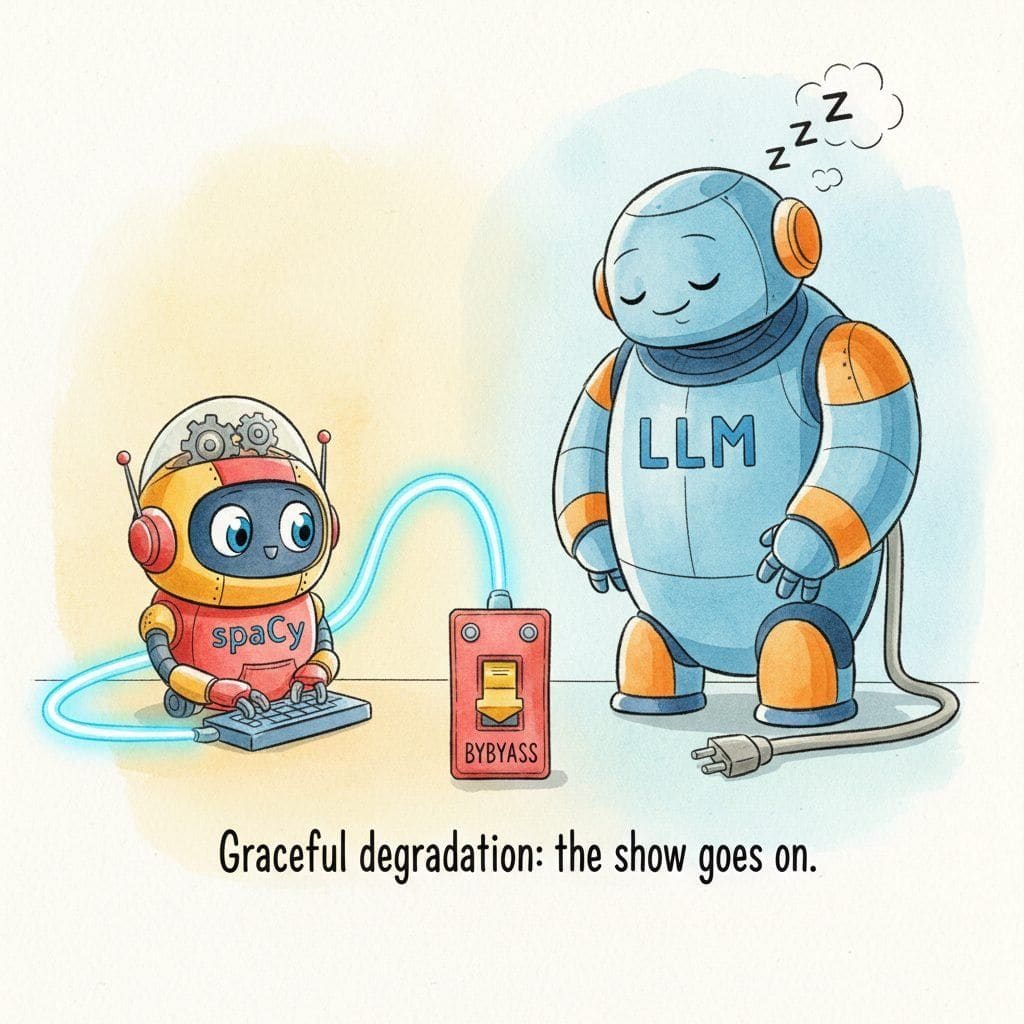 Two cartoon robots wired together by a glowing cable: on the left a small alert robot labeled spaCy is working, while on the right a larger robot labeled LLM sleeps with a Z over its head and an unplugged cable, and a circuit-breaker switch between them is flipped to BYPASS.