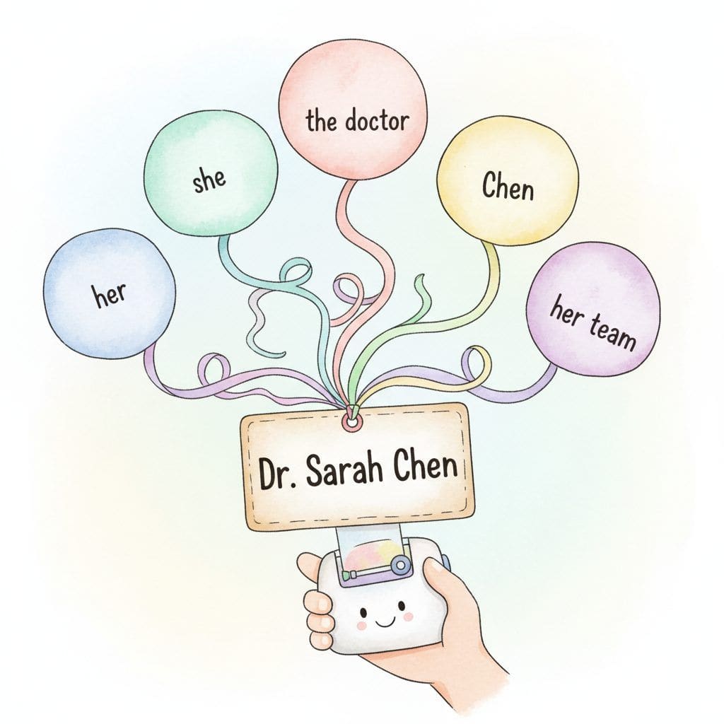 Five pastel watercolor speech bubbles reading her, she, the doctor, Chen, and her team, each trailing a curling colored ribbon down to a single label-maker tag that reads Dr. Sarah Chen, held in a friendly cartoon hand.