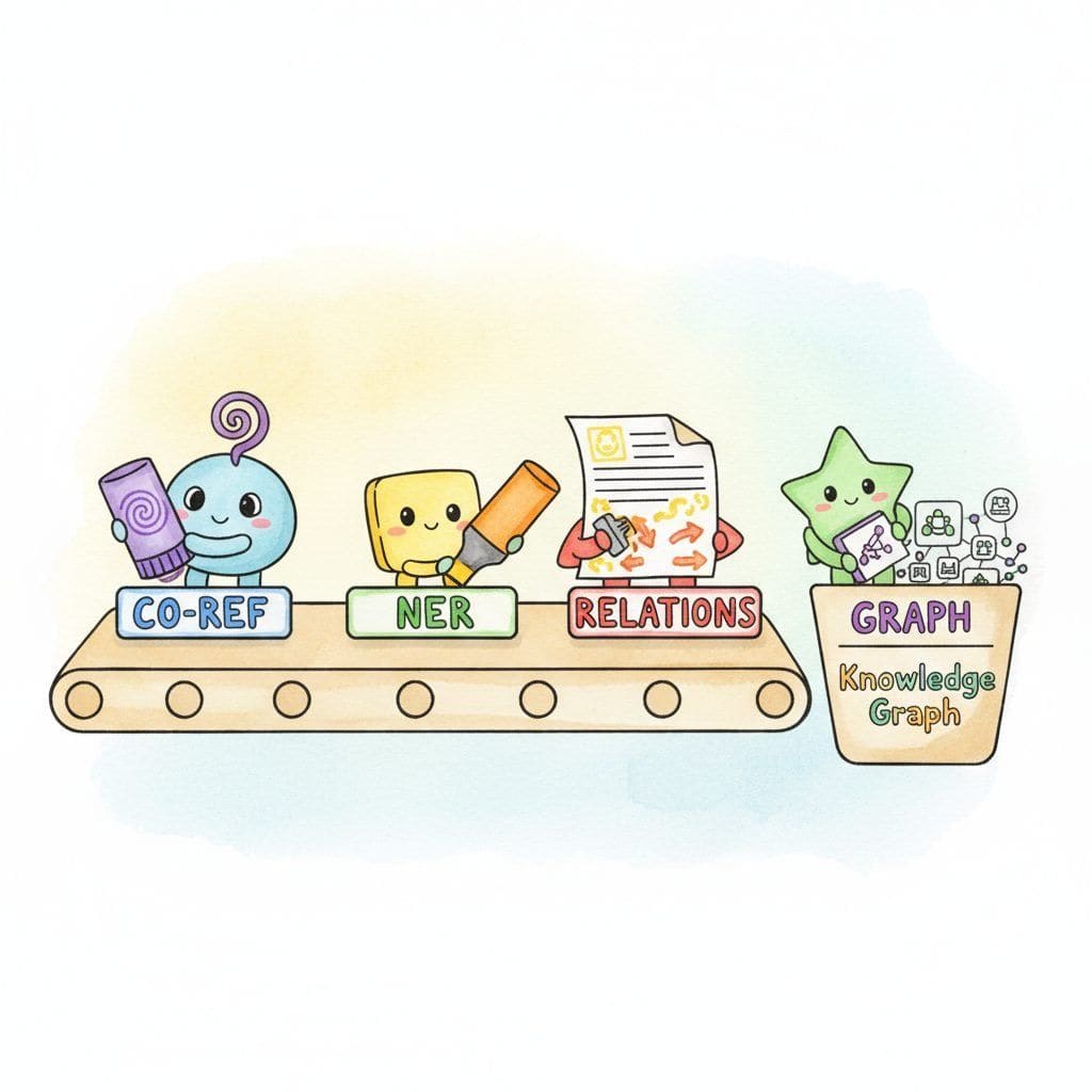 A whimsical watercolor assembly line where a single document rides a conveyor through four labelled stations, CO-REF, NER, and RELATIONS, each staffed by a small cartoon worker with its own tool, before dropping into an output bin labelled Knowledge Graph held by a star-shaped character.