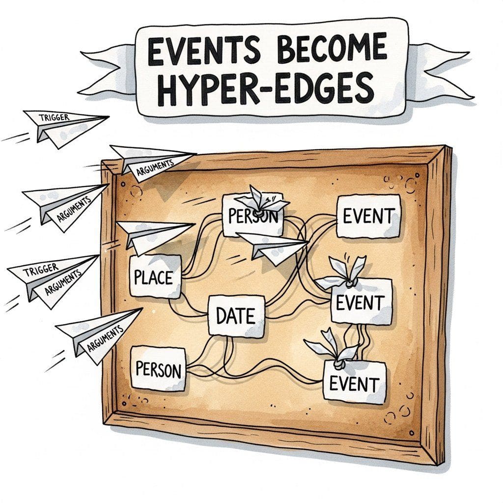 Paper airplanes labelled trigger + arguments fly toward a graph database. Each lands on the right node (Person, Place, Date, Event) and sticks like flypaper.