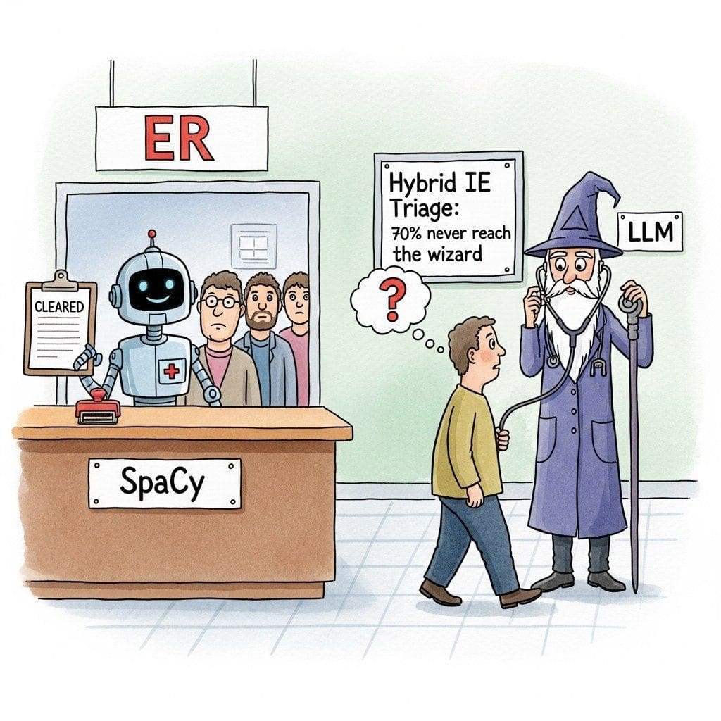 A cartoon hospital ER triage desk where a receptionist robot stamps clipboards and routes patients to specialists, used here as a visual analogy for first-pass document triage in legal e-discovery