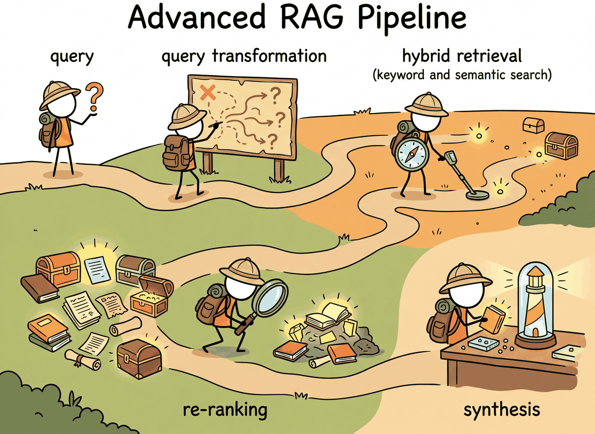 The advanced-RAG treasure hunt continues: the adventurer now rewrites the map, drafts a hypothetical landmark (HyDE), and reroutes around dead ends, evoking query transformation, contextual retrieval, and self-corrective RAG.
