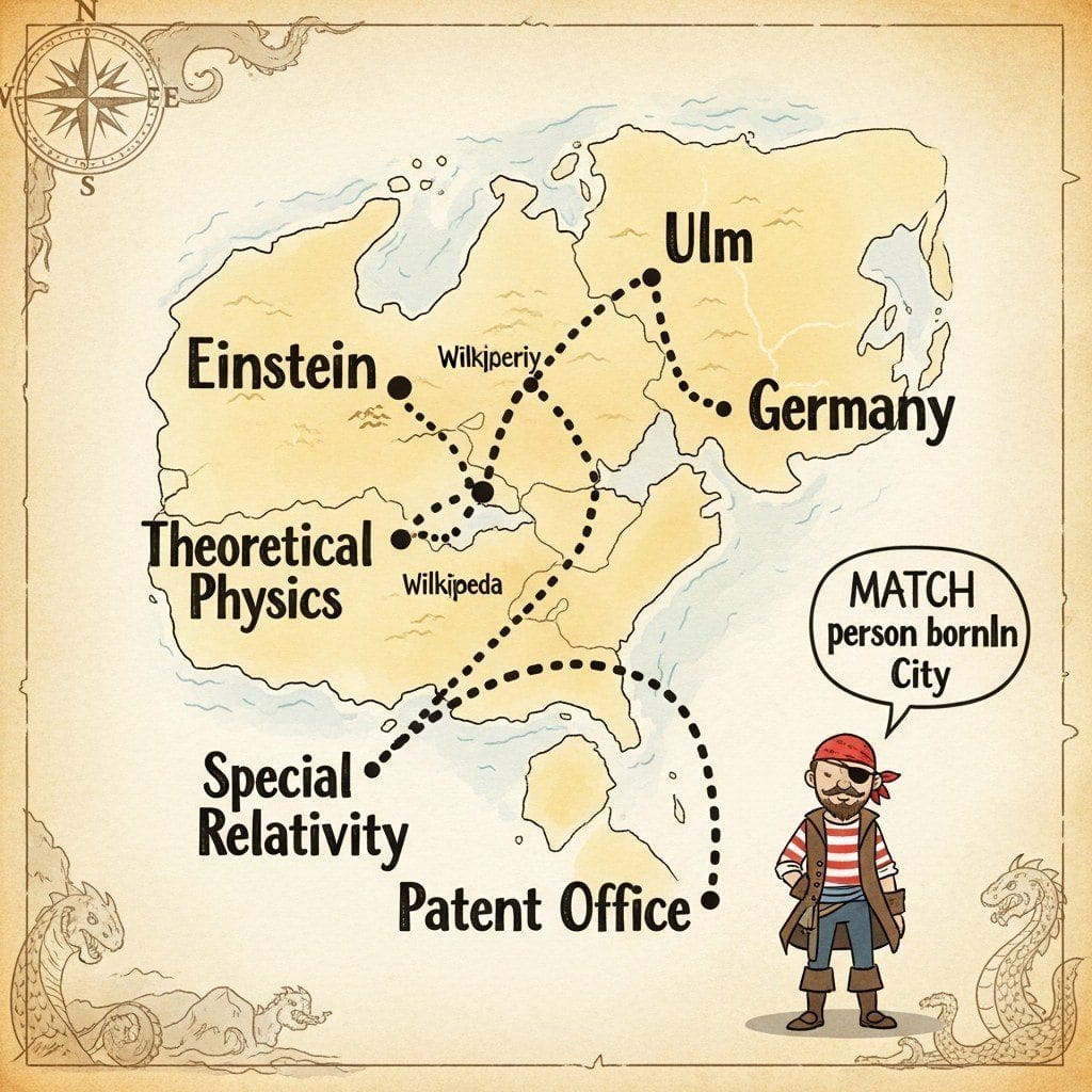 An old treasure-hunt map with nodes labelled like Wikipedia stubs ('Einstein', 'Ulm', 'Germany'), and a dotted line traversing them. A pirate-themed cartoon traveler follows the dots.