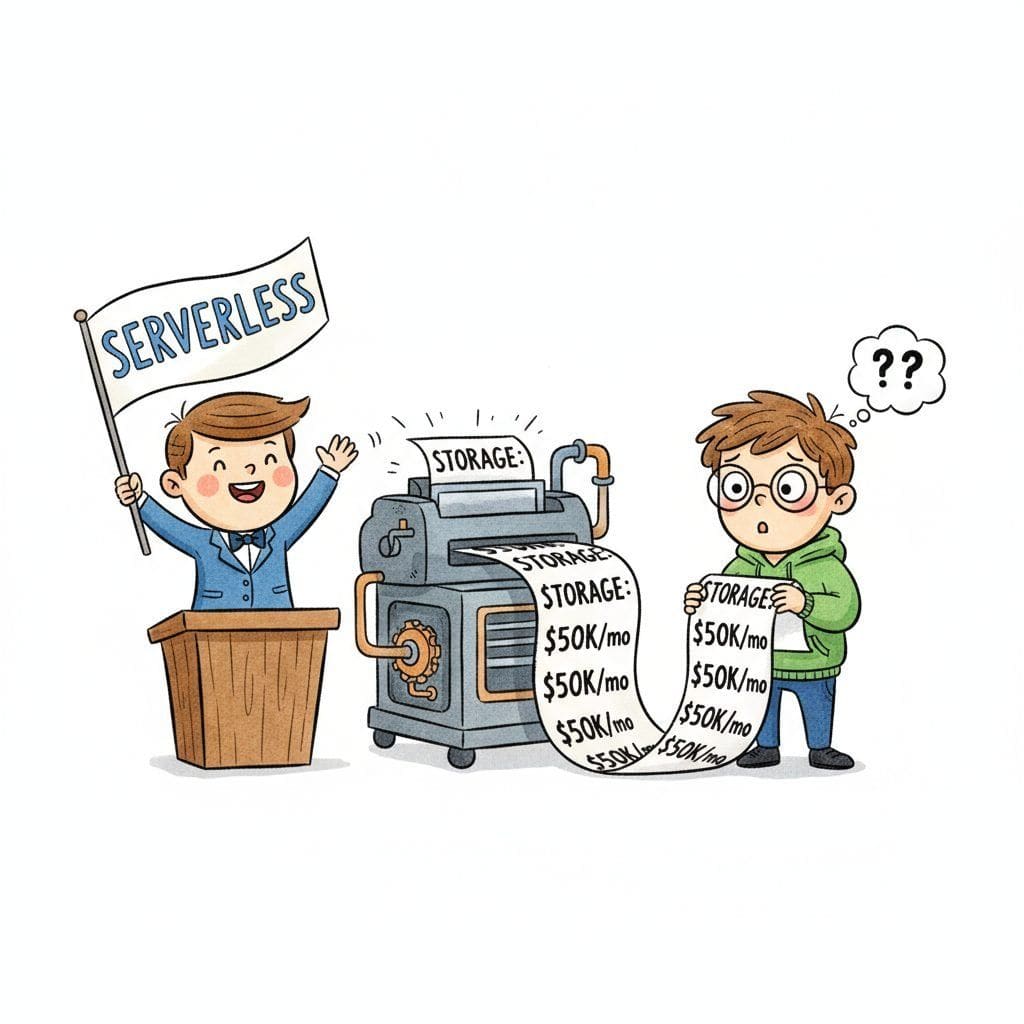 A cartoon salesperson on a podium waves a flag labeled SERVERLESS while behind them a printer endlessly spits out a long paper labeled STORAGE: $50K/mo, and a confused engineer reads the printout.