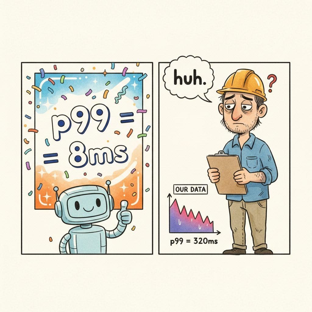 A split-panel cartoon: on the left a glossy vendor poster celebrates p99 = 8ms with confetti, while on the right a tired engineer holding a clipboard labeled OUR DATA stares at a much sadder graph reading p99 = 320ms and mutters huh.