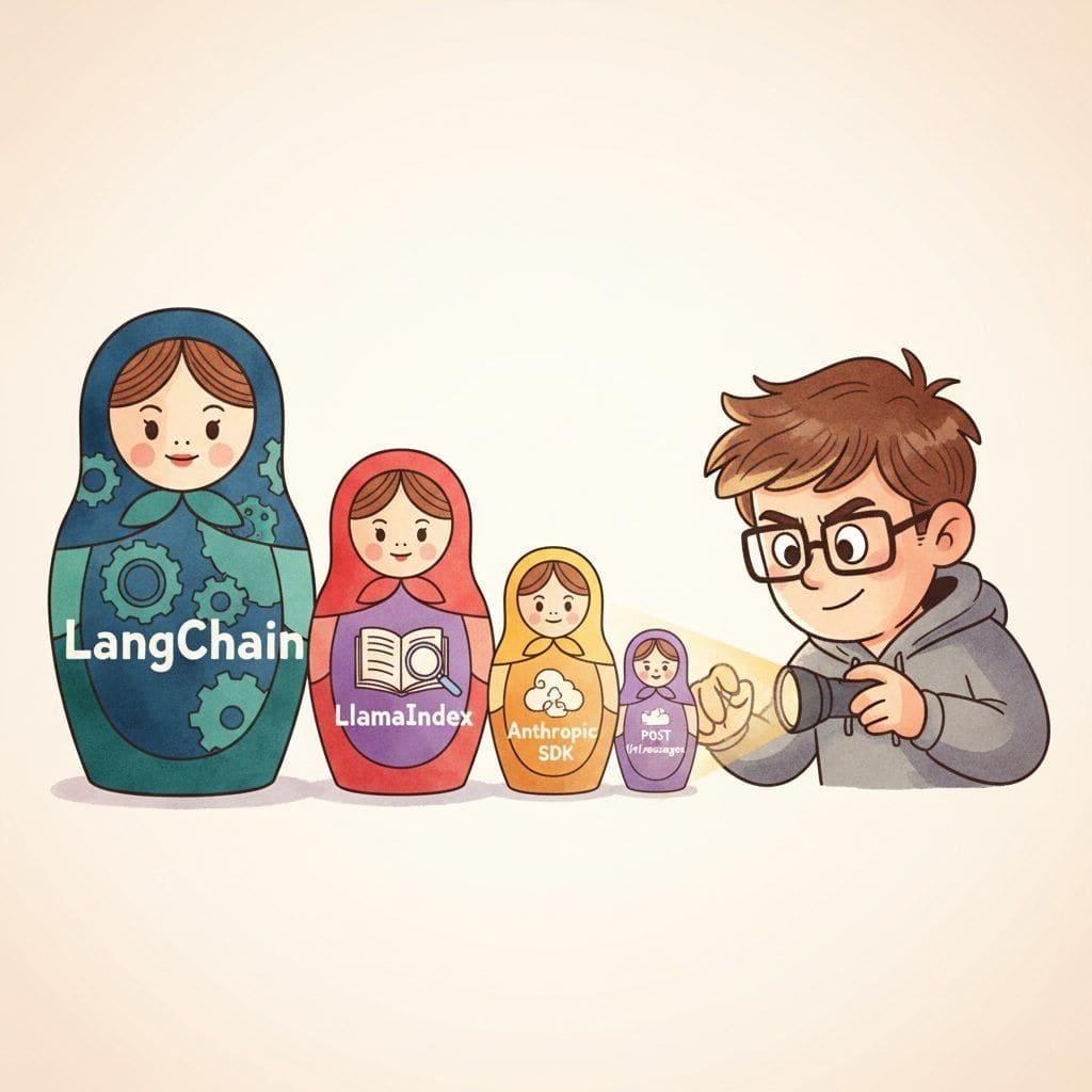 A row of nested Russian matryoshka dolls in decreasing size, labeled LangChain, LlamaIndex, Anthropic SDK, and a tiny innermost doll labeled POST /v1/messages, while an engineer in glasses peers into the smallest doll with a flashlight.