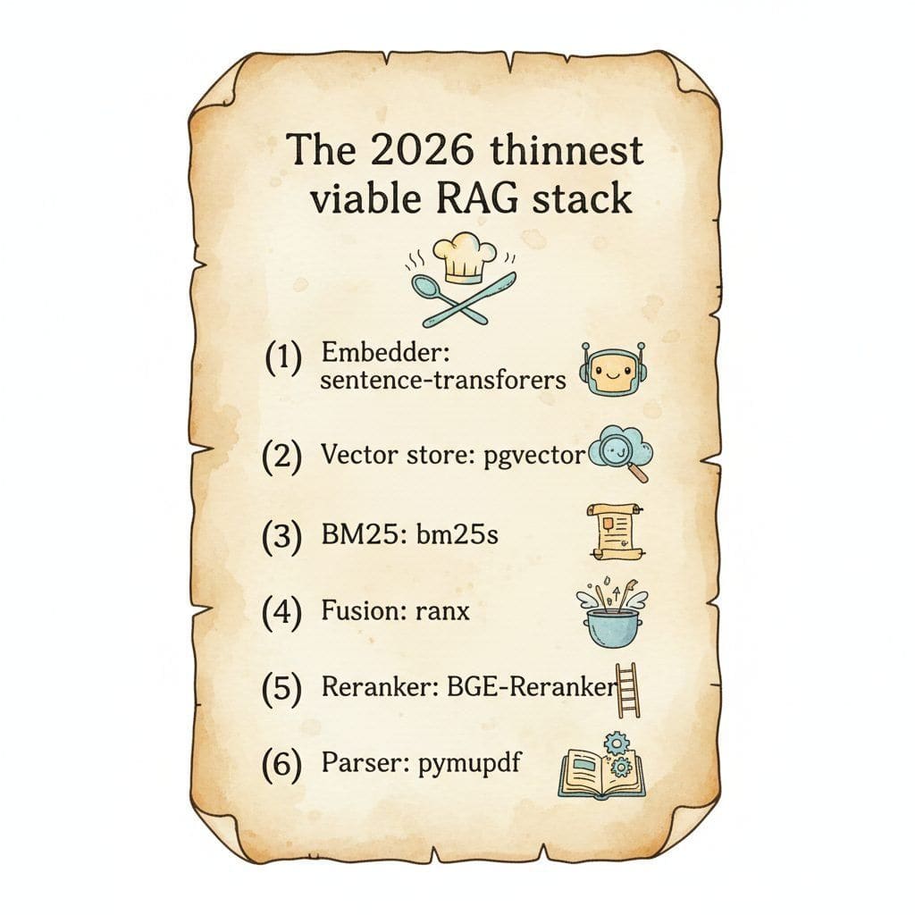 A hand-illustrated recipe card on parchment titled The 2026 thinnest viable RAG stack, listing six ingredients with cute icons: Embedder sentence-transformers, Vector store pgvector, BM25 bm25s, Fusion ranx, Reranker BGE-Reranker, and Parser pymupdf.