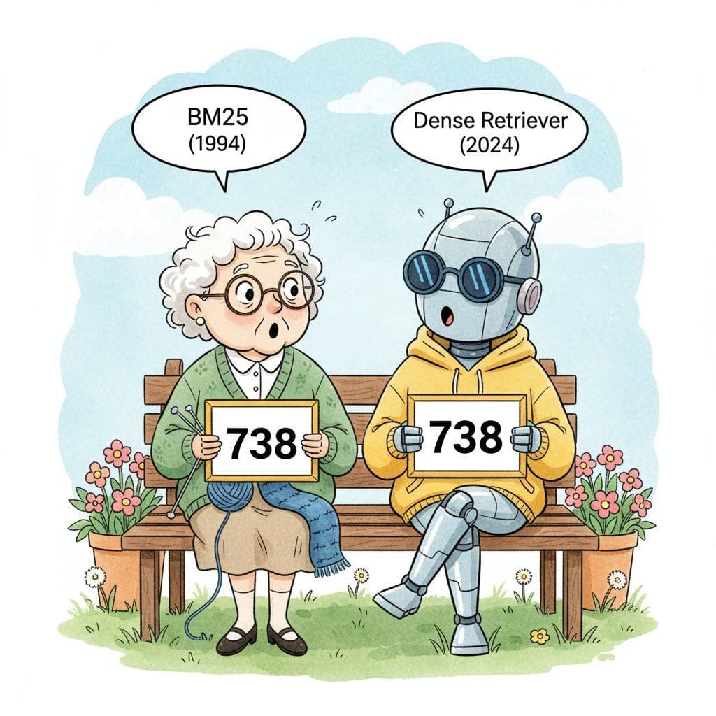 Two characters share a park bench: on the left an elderly grandparent labeled BM25 (1994) in reading glasses and a cardigan, knitting; on the right a young hipster robot labeled Dense Retriever (2024) in sunglasses. Both hold scoreboards showing the same number and look surprised.