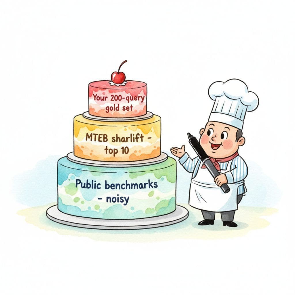 A three-layer cake on a stand in watercolor: the largest bottom layer reads Public benchmarks - noisy, the middle layer reads MTEB shortlist - top 10, and the smallest top layer with a cherry reads Your 200-query gold set, with a friendly chef standing beside it holding a label-pen.
