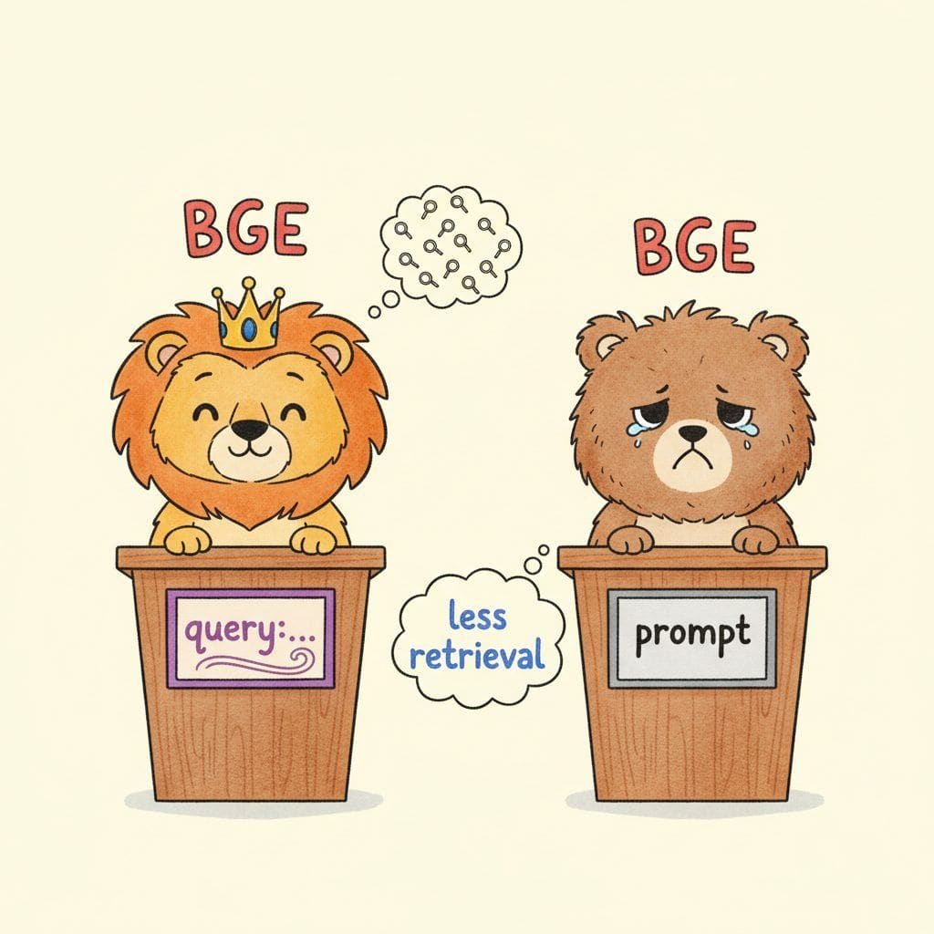 Two identical BGE embedder characters at podiums: the left one uses the correct query prompt and wears a small crown labeled +10 NDCG, while the right one uses a plain prompt and frowns sadly with less retrieval quality.