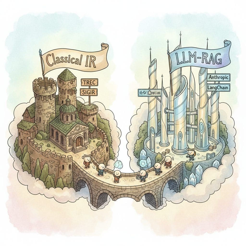 A whimsical top-down aerial view of two cartoon villages joined by a small bridge: the left village has stone walls, a library, and a banner reading Classical IR with TREC and SIGIR signs; the right village has glass towers and a banner reading LLM-RAG with Anthropic and LangChain signs; tiny travelers cross the bridge in both directions.