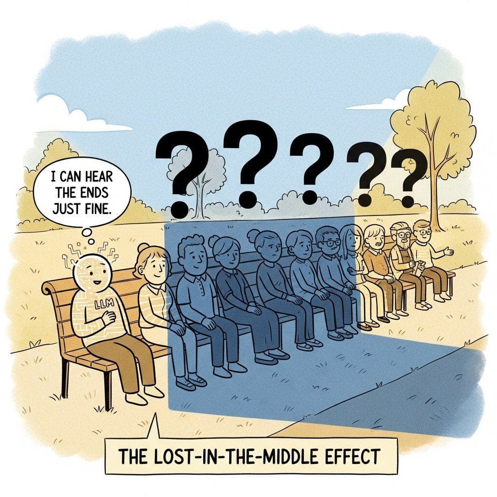 A long park bench with many people sitting on it. The two ends (recent + oldest) are well-lit. The middle is in shadow, with question marks over their heads. An LLM character at one end says 'I can hear the ends just fine'.