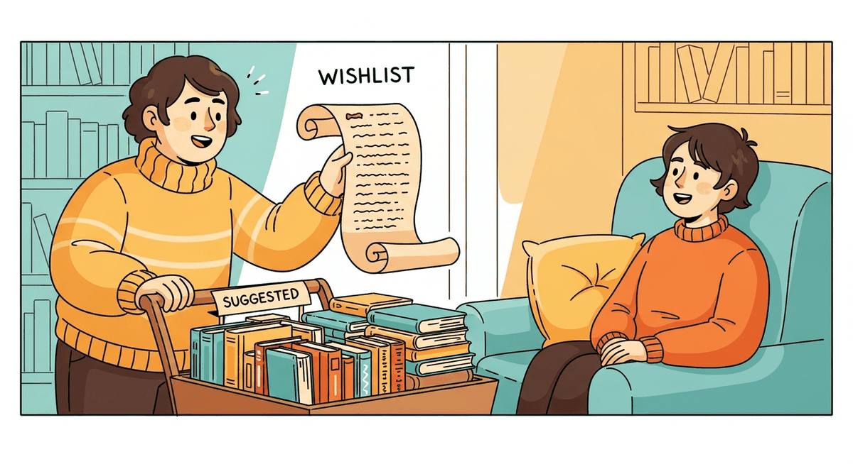 A warm cartoon librarian pushing a cart of suggested books while reading a customer's wishlist aloud to a happy reader in a cozy reading nook