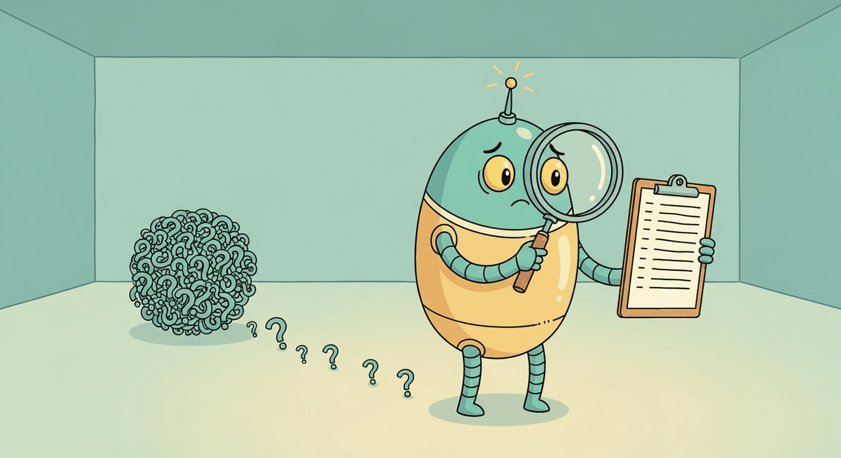 A cartoon recommender robot on day one of a new app, standing in an empty room with a clipboard of empty rows and a tumbleweed of question marks drifting past