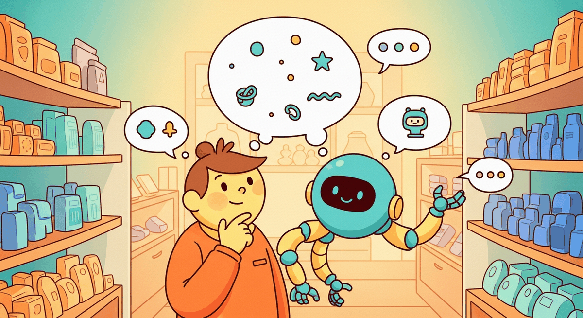 A cartoon shopper standing in a cozy boutique while a cheerful small assistant character points at different shelves and asks soft clarifying questions through dot-filled thought bubbles