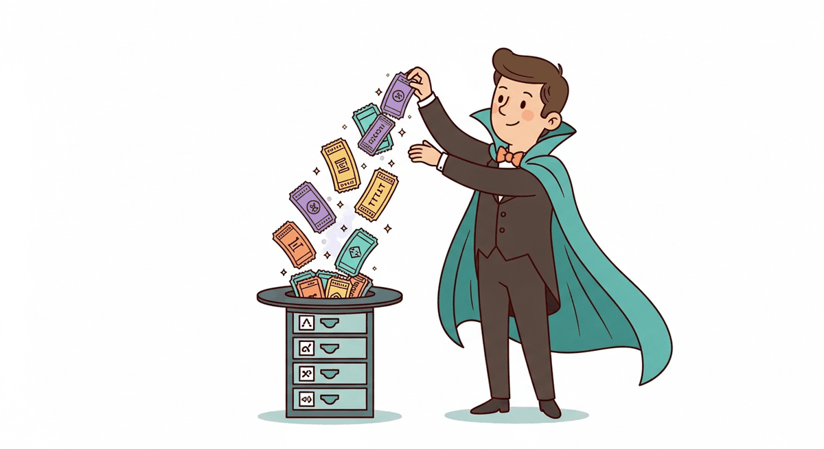 A whimsical cartoon magician character pulling sparkling movie tickets out of a top hat shaped like a small filing-cabinet codebook with little drawers labeled by abstract glyphs