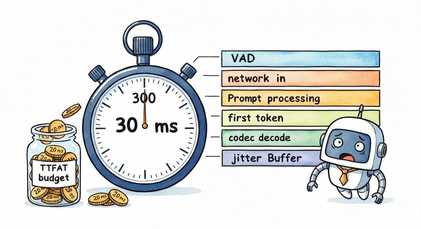 A cartoon stopwatch with a 300 ms target, an arrow pointing to a stacked latency bar made of segments labelled VAD, network, prompt, first token, codec, jitter buffer. A small budget jar holds tiny coins each labelled 20 ms