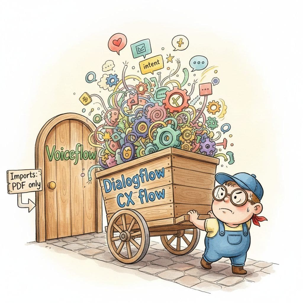 A small cartoon engineer strains to push an enormous wagon labeled Dialogflow CX flow toward a doorway marked Voiceflow, but the wagon is far too wide to fit, and a sign by the door reads Imports: PDF only.