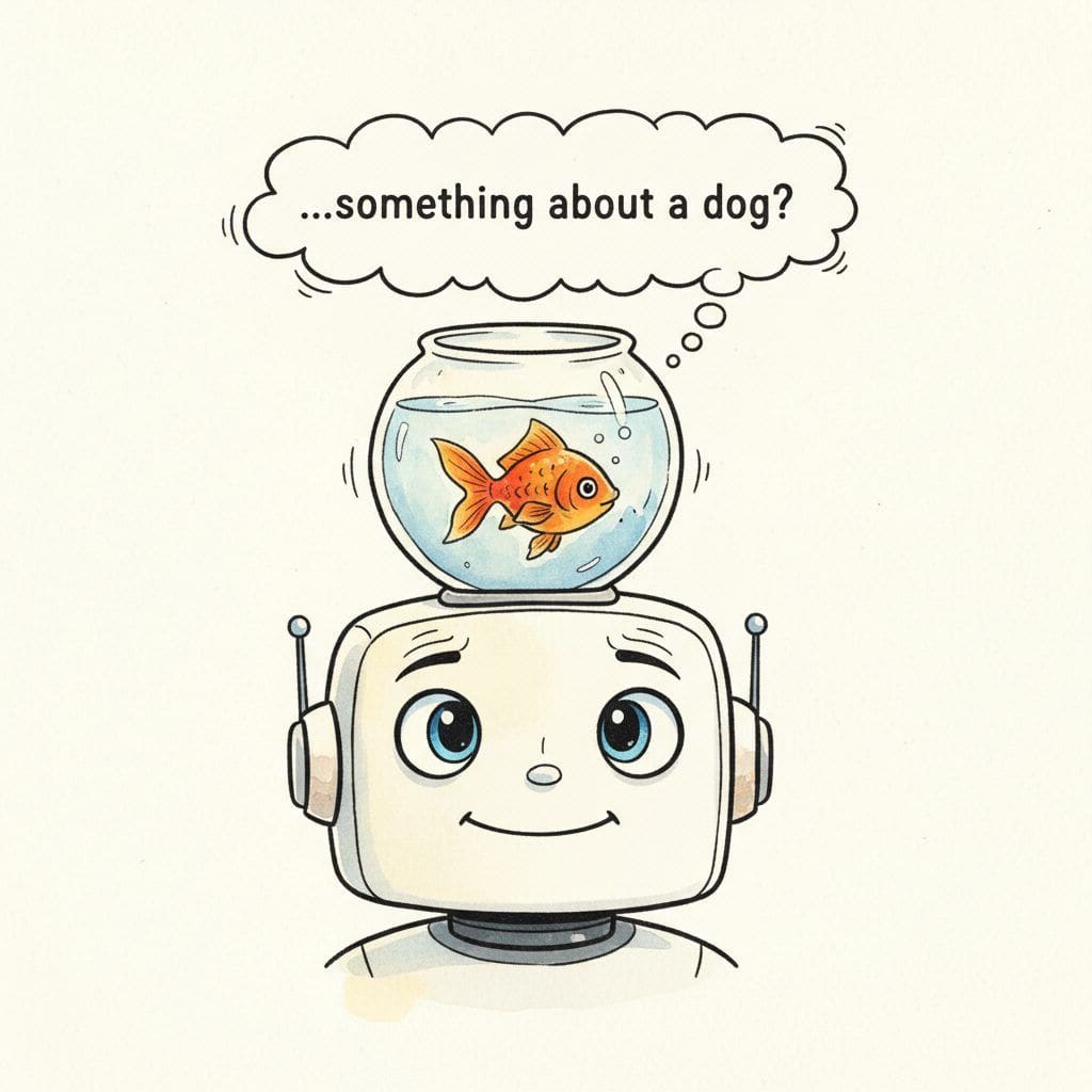 A friendly chatbot robot with a literal goldfish in a small fishbowl balanced on its head, trying hard to remember something. Speech bubble: 'something about a dog?'