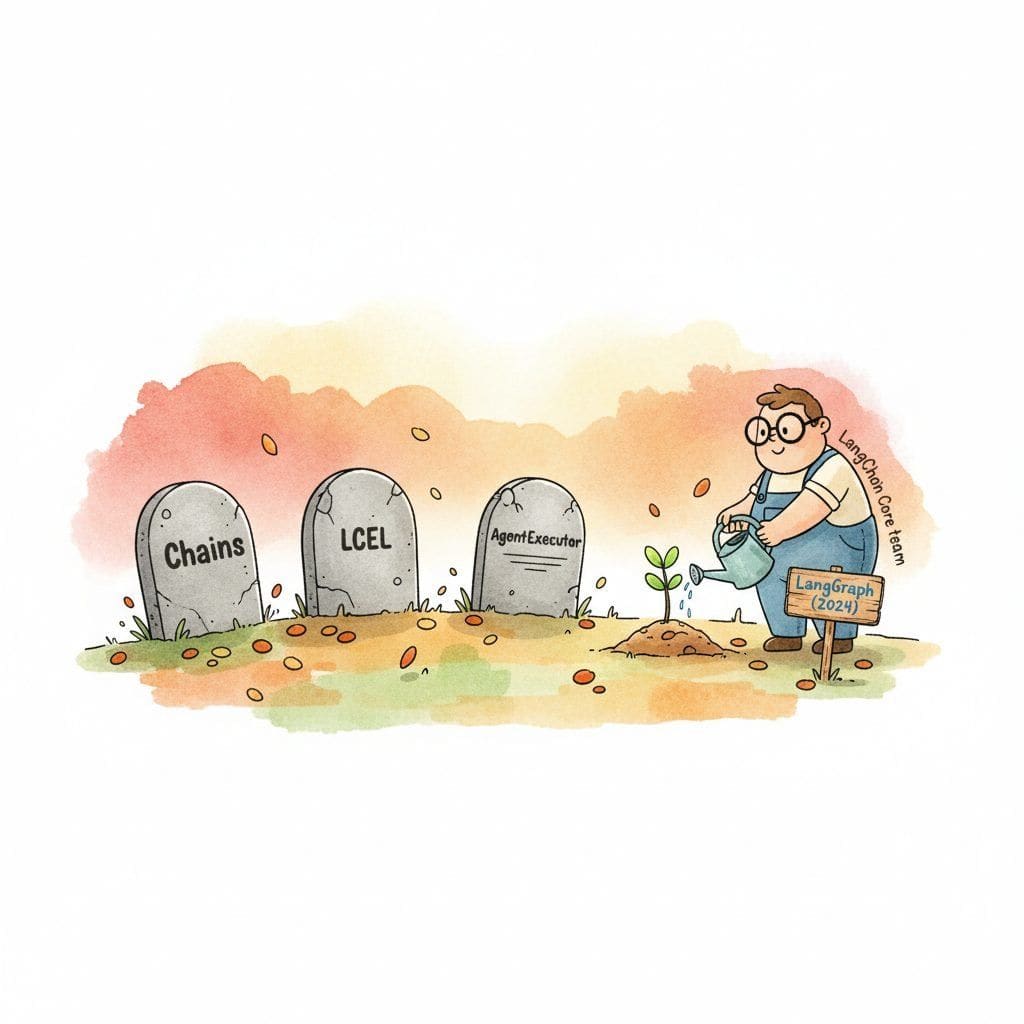 A small cartoon cemetery in autumn. Three small tombstones labelled Chains, LCEL, AgentExecutor. Next to them a fresh sapling with a sign LangGraph 2024. A gardener-robot waters it.