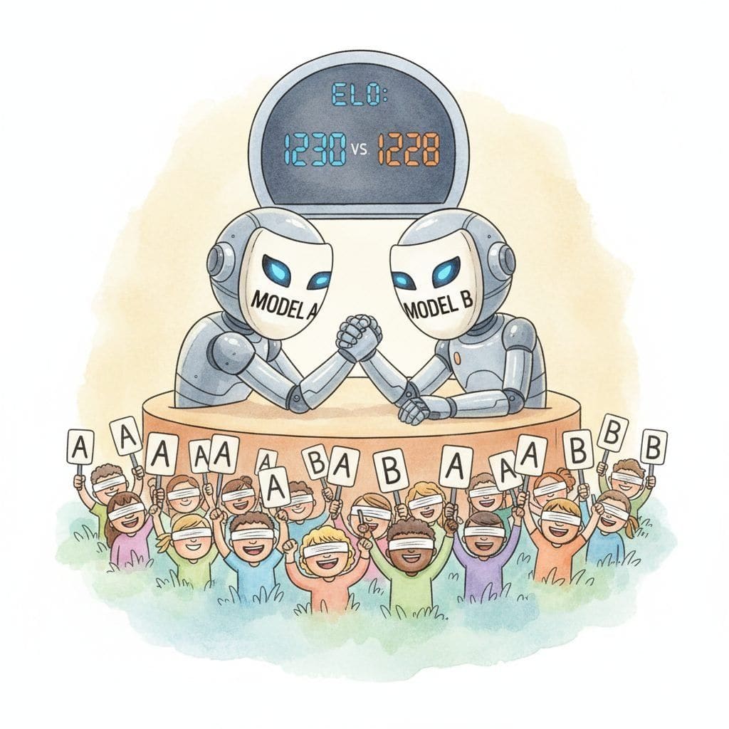 Two anonymized cartoon chatbots arm-wrestling on a stage with masks labelled Model A and Model B. A crowd of blindfolded humans raises A and B paddles. Scoreboard reads ELO 1230 vs 1228.