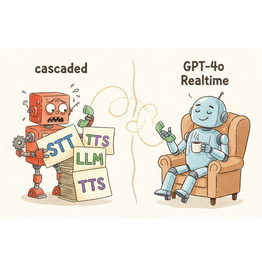 Telephone-call split panel. Left robot labelled cascaded pipeline holds flash cards labelled STT, LLM, TTS, looks stressed. Right robot labelled GPT-4o Realtime sips coffee, mid-sentence.