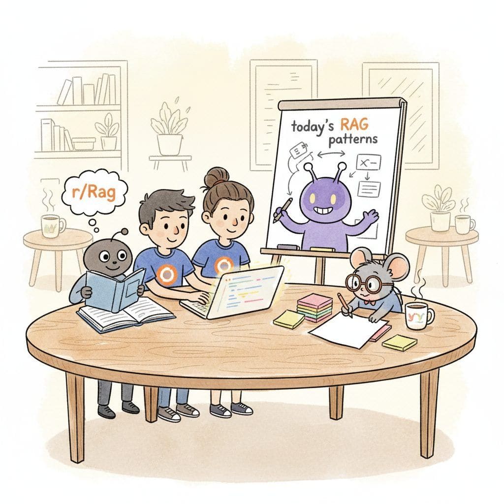 A cozy cafe study table where a Reddit avatar reading r/Rag, an orange Vercel engineer pair-coding, a Voiceflow designer with sticky notes, and a Discord avatar all share one whiteboard labeled today's RAG patterns.