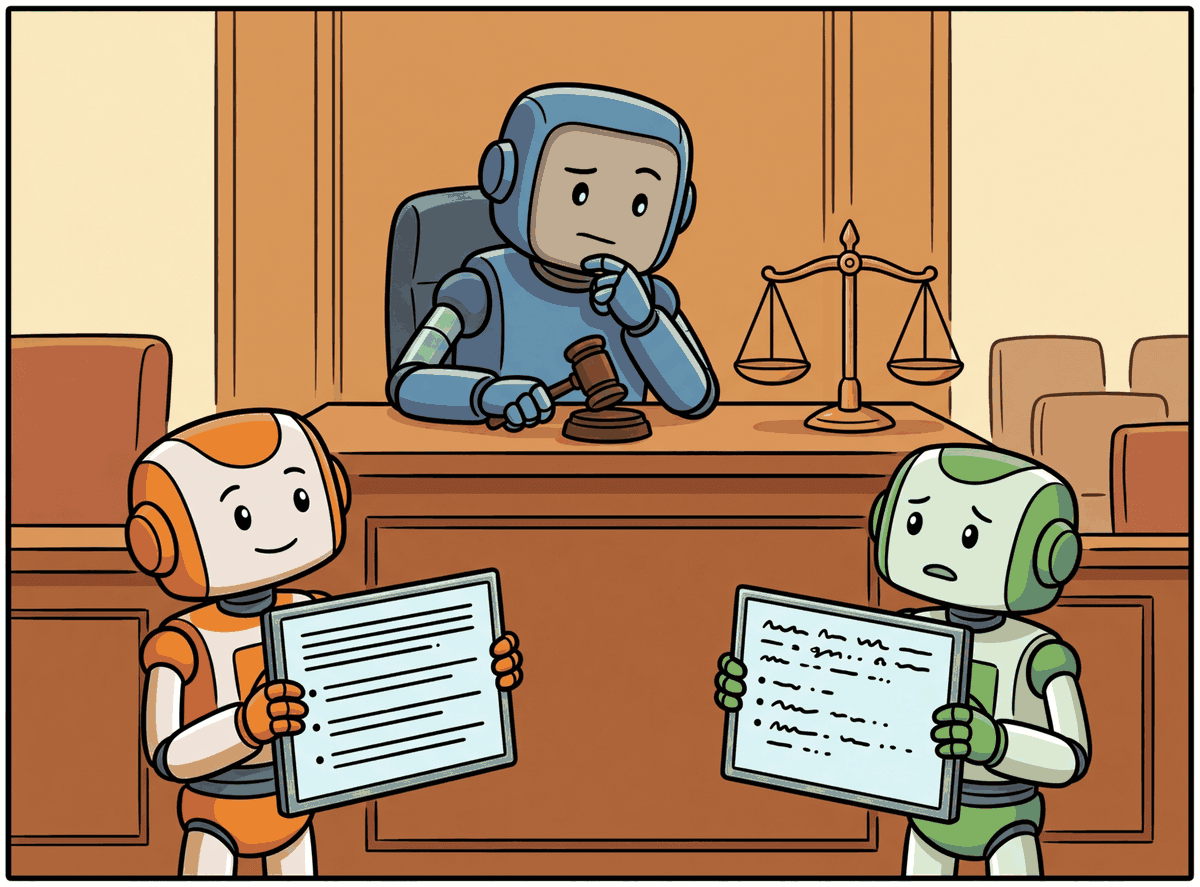 A judge LLM in a courtroom evaluating the quality of another LLM's response, with evidence exhibits on display