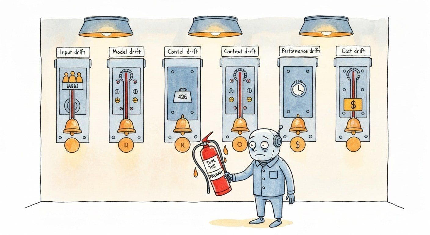 A cartoon control room with five separate thermostats labelled Input, Model, Context, Performance, Cost, each ringing a different colour bell. A single tired engineer holds a fire extinguisher labelled tune the prompt and looks at all five