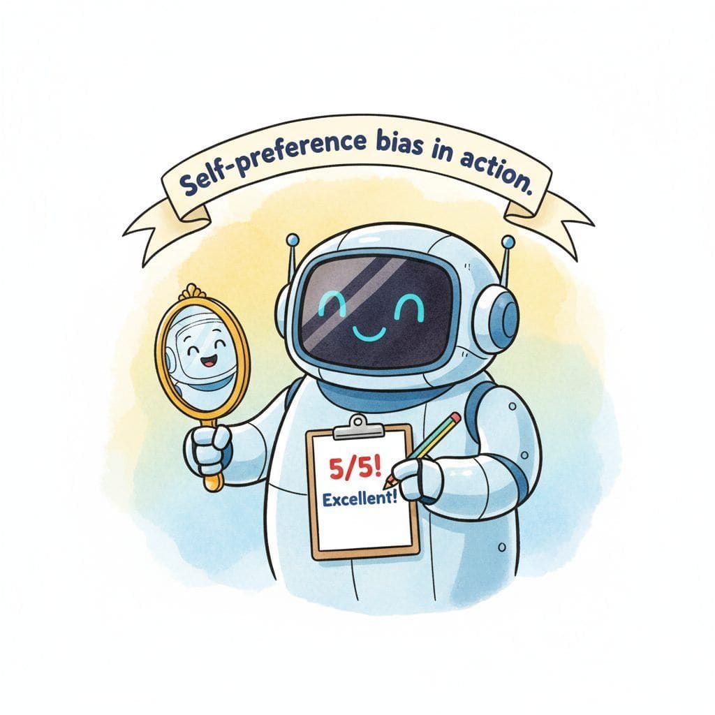 A cartoon GPT-4 character holding a hand-mirror up to its own face, while writing 5/5 Excellent on a clipboard.
