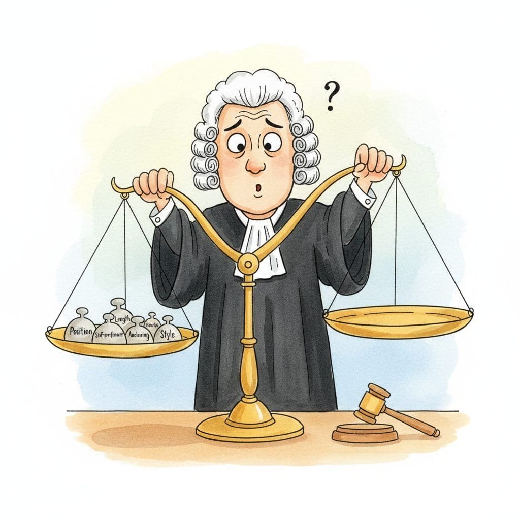 A cartoon judge in a wig holding a balance scale. Five weights labelled Position, Length, Self-preference, Anchoring, Style are stacked on the same side.
