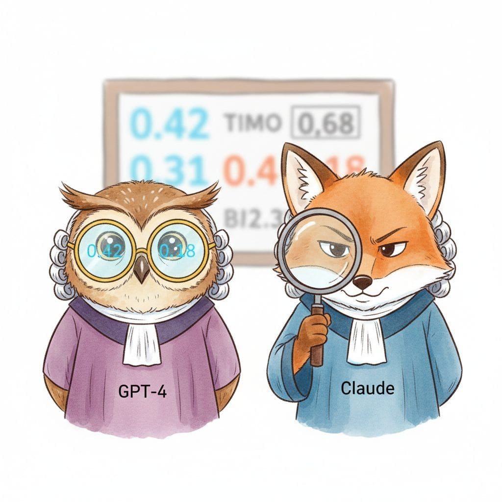 Two cartoon judges side by side. The GPT-4 judge wears fancy logprobs glasses that overlay the numbers 0.42, 0.31, and 0.18 on a scoreboard, while the Claude judge squints at the same answer without glasses, holding a magnifying glass.