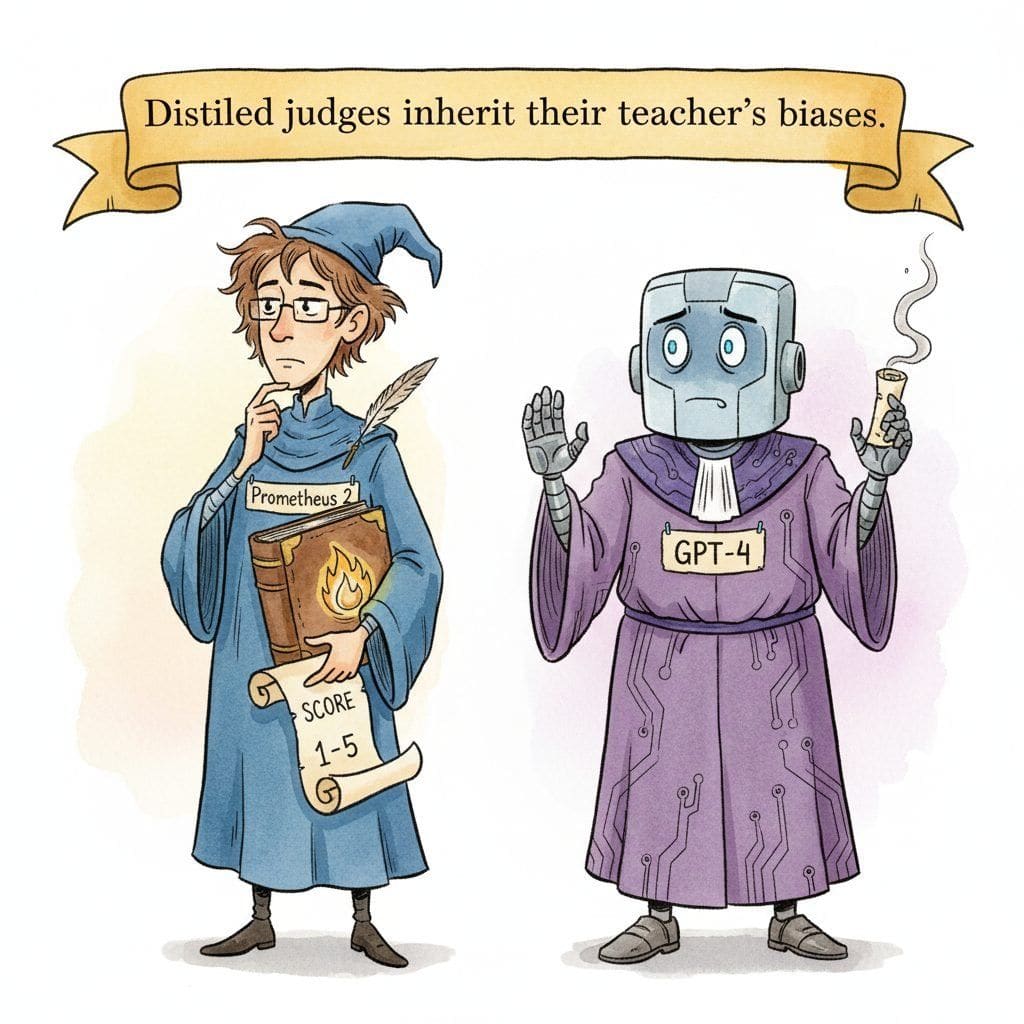 Two cartoon judges. On the left, a small bookish open-source judge labeled Prometheus 2 carries a thick rubric labeled SCORE 1-5; on the right, a much larger judge labeled GPT-4 looks impressed and slightly threatened.