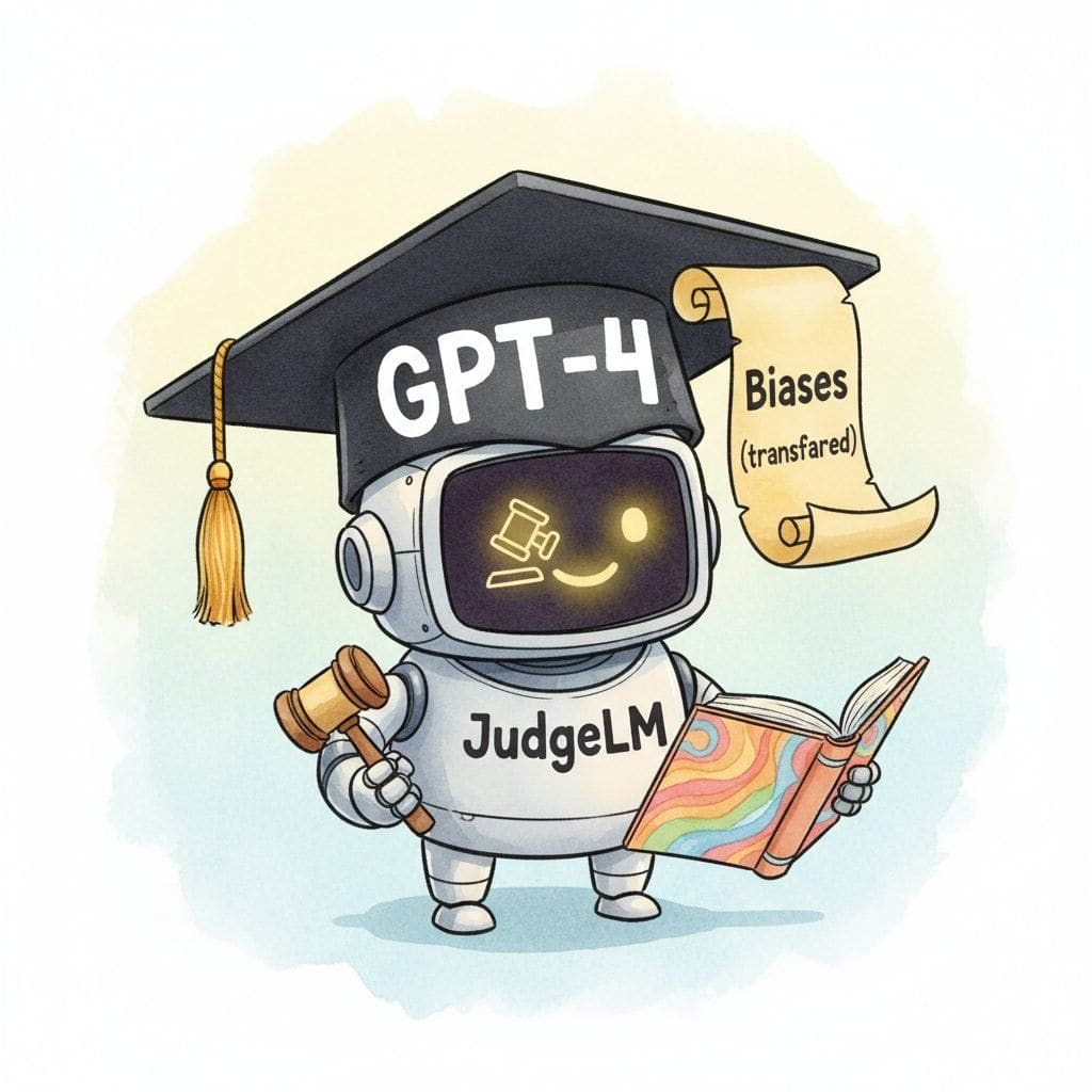 A small cartoon judge-bot labeled JudgeLM wears an oversized graduation cap labeled GPT-4, and a scroll labeled Biases (transferred) droops out from under the cap.