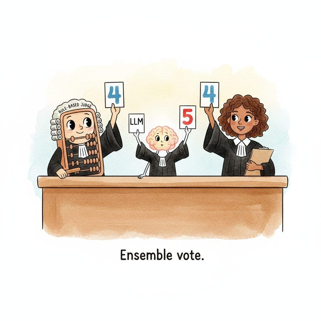 Three cartoon judges sit in a row at a bench: a rule-based judge drawn as an abacus, an LLM judge drawn as a tiny brain on legs, and a human judge holding a clipboard, each lifting a card showing 4, 5, and 4.